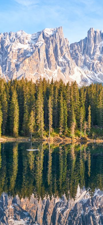 Karersee Lake, Latemar, Mountain range, Snow covered, Reflection, Green Trees, Landscape, Scenery, Woodland, Forest, 5K