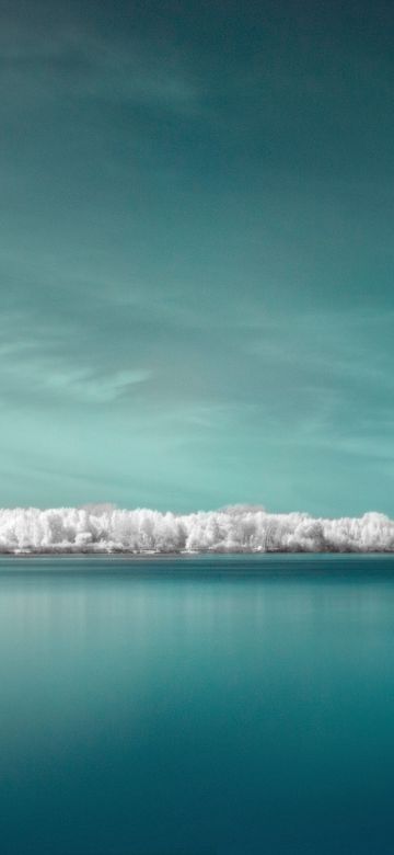 Infrared vision, Panorama, Surreal, Body of Water, Coast, Blue background, 5K, 8K