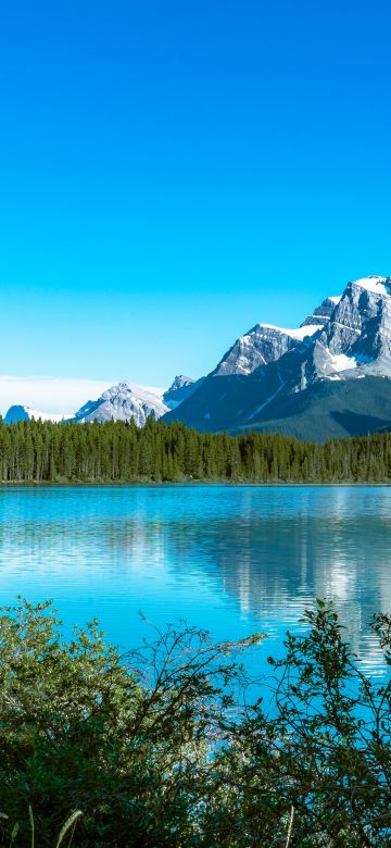 Bow Lake, Canada, Snow covered, Mountains, Blue Sky, Reflection, Landscape, Scenery, Beautiful, 5K