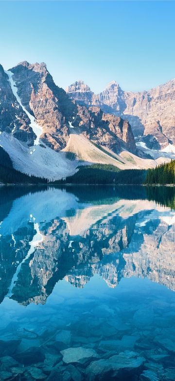 Moraine Lake, Scenery, Canada, Pine trees, Landscape, Reflection, Mountain range, Turquoise water, Daytime, 5K