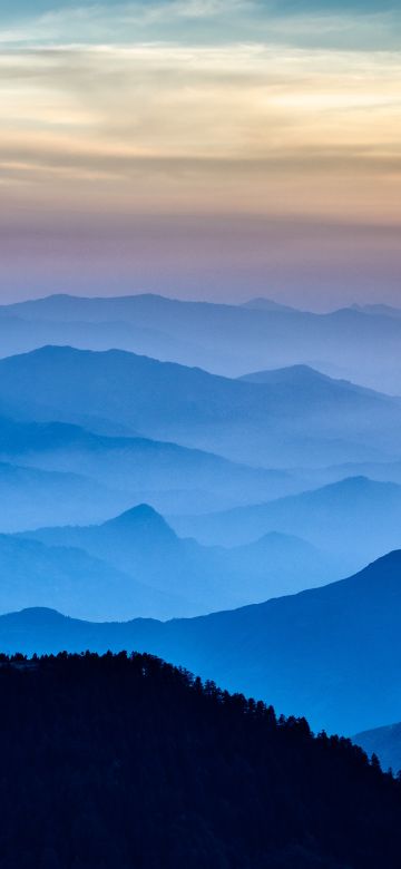 Silhouette Mountain, Foggy, Langtang National Park, Aerial view, Panoramic, Mountain range, Landscape, Sunset, 5K, 8K