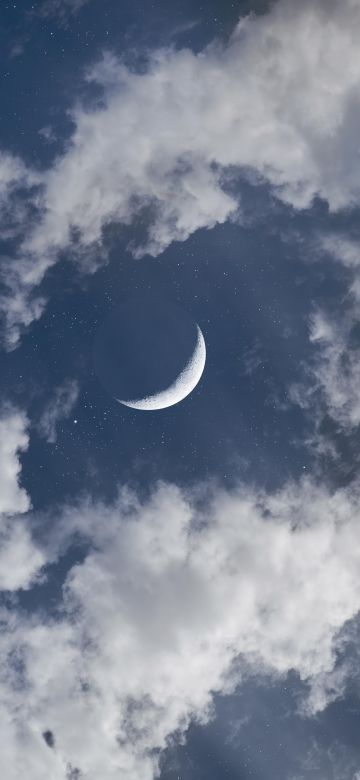 Crescent Moon, Half moon, Clouds, Blue Sky, Cosmos, Stars, 5K, 8K