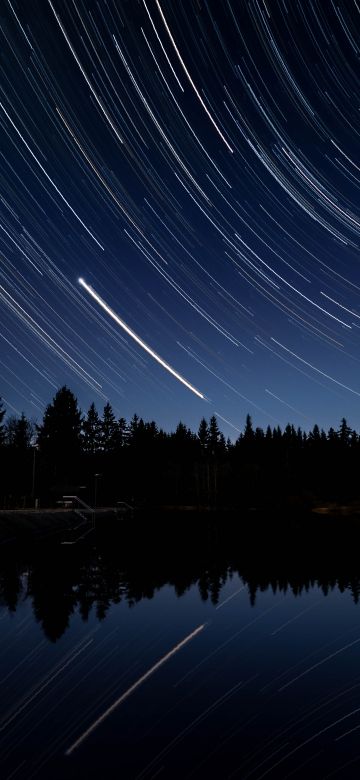 Star Trails, Night sky, Waterfront, Reflection, Astronomy, Outer space, 5K, 8K