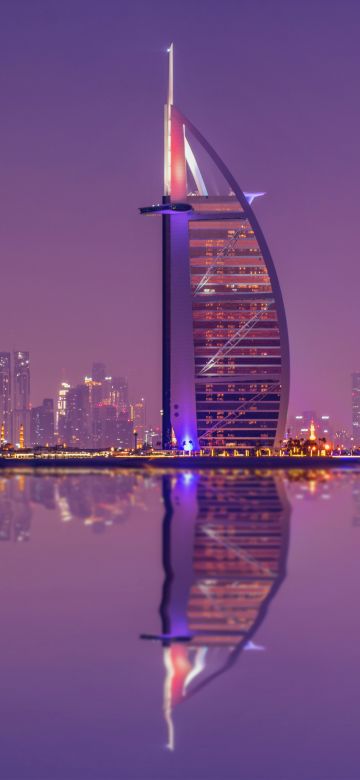 Burj Al Arab, Luxury Hotel, Cityscape, Low Angle Photography, Night lights, Waterfront, Reflection, Purple sky, Skyscrapers, 5K