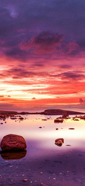 Seashore, Rocky coast, Cloudy Sky, Dusk, Horizon, Ocean, Landscape, Scenery, 5K, 8K