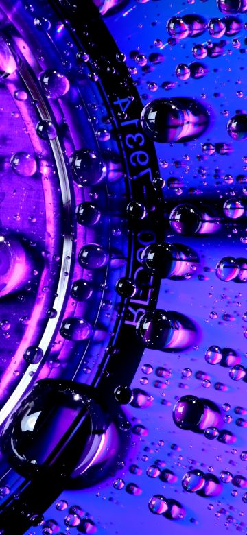 Water droplets, Macro, Purple light, Closeup, CD, Vivid, Bright, 5K