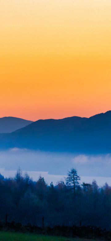 Loch Ness, Silhouette Mountain, Sunset, Orange sky, Foggy, Dusk, Landscape, 5K