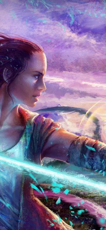 Rey, Star Wars: The Force Awakens, Fictional character, Lightsaber, Digital paint, 5K