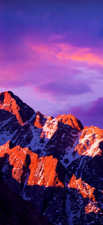 macOS Sierra, Glacier mountains, Snow covered, Alpenglow, Cloudy Sky, Sunlight, Dusk, Landscape, Scenery, 5K