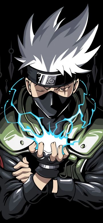 Kakashi Hatake, AMOLED, Naruto, Black background, Artwork, 5K