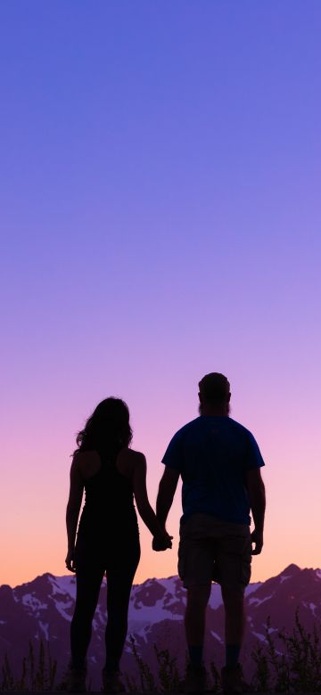 Couple, Outdoor, Silhouette, Romantic, Together, Lovers, Hands together, Sunrise, Glacier mountains, Clear sky, 5K