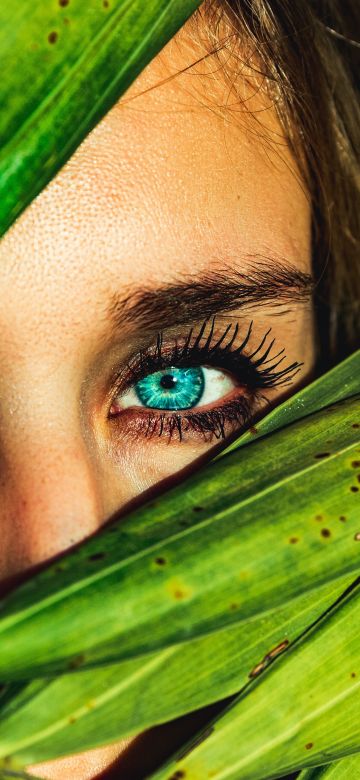 Blue eyes, Green leaves, Woman face, Macro, Peek, 5K