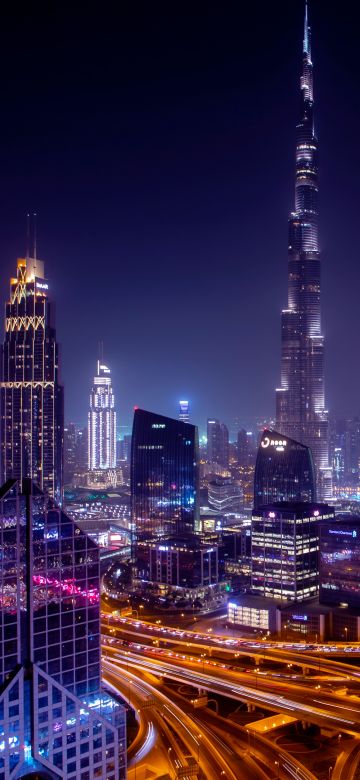 Burj Khalifa, Dubai City Skyline, Skyscrapers, Cityscape, Night time, City lights, Highway junction, 5K