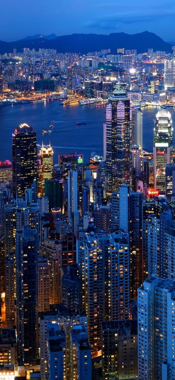 Victoria Peak, Hong Kong City Skyline, Victoria Harbour, Dusk, Blue hour, Cityscape, Skyscrapers, Aerial view, Long exposure, Night time, City lights, 5K