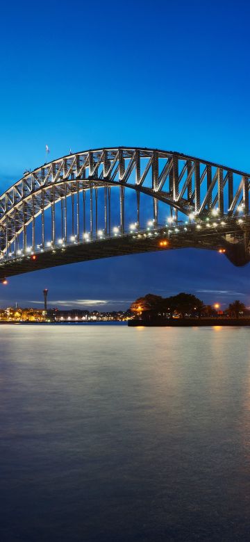 Sydney Harbour Bridge, Opera House, Australia, Cityscape, Night time, Body of Water, Skyline, Reflection, Blue Sky, Panorama, Long exposure, 5K, 8K