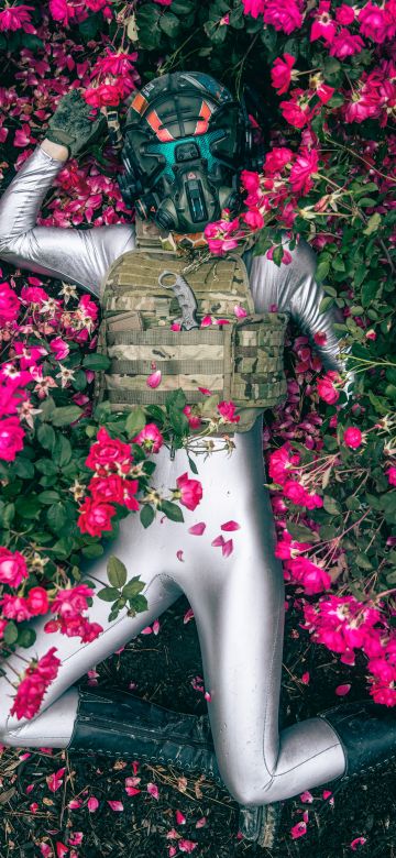 Suit, Mask, Armor, Extinction, Pink flowers, Floral, Lying down, Aerial view, 5K