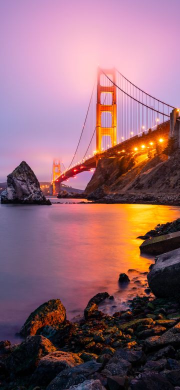 Golden Gate Bridge, San Francisco, Sunset, Lights, California, Pink sky, Foggy