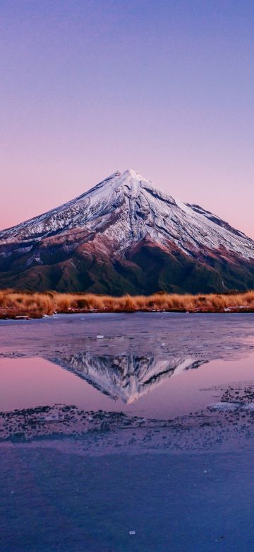 Mount Taranaki, New Zealand, Snow covered, Frozen lake, Reflection, Mountain Peak, Landscape, Scenery, Clear sky, Dusk, 5K