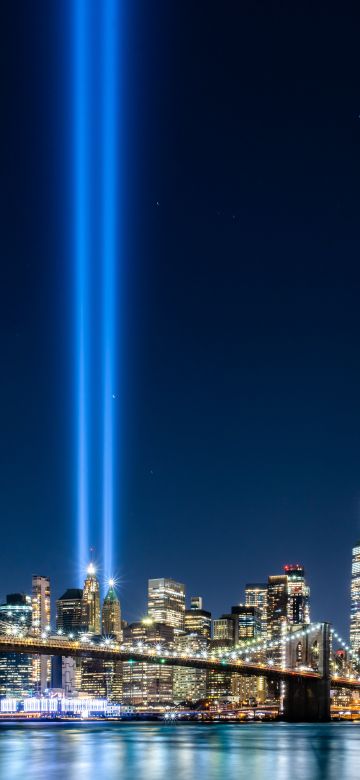 911 Memorial, Tribute in Light, September 11, Spotlight, Night time, Cityscape, Bridge, City lights, 5K