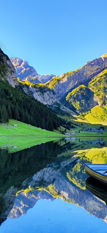 Seealpsee lake, Switzerland, Rowing boat, Mirror Lake, Mountain Peak, Reflection, Blue Sky, Lakeside, Landscape, Scenery, Early Morning, 5K