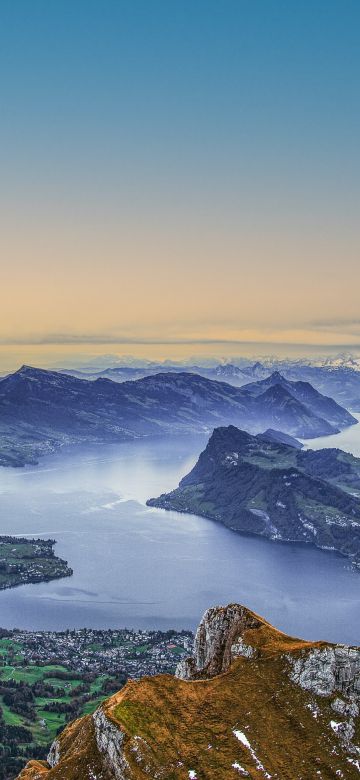 Lake Lucerne, Swiss Alps, Switzerland, Aerial view, Mountain range, Horizon, Snow covered, Landscape, 5K