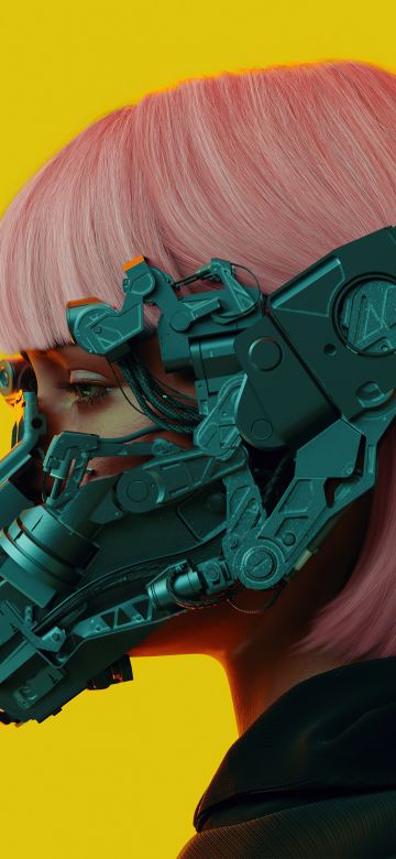 Mecha Girl, Cyberpunk girl, 3D, Yellow background