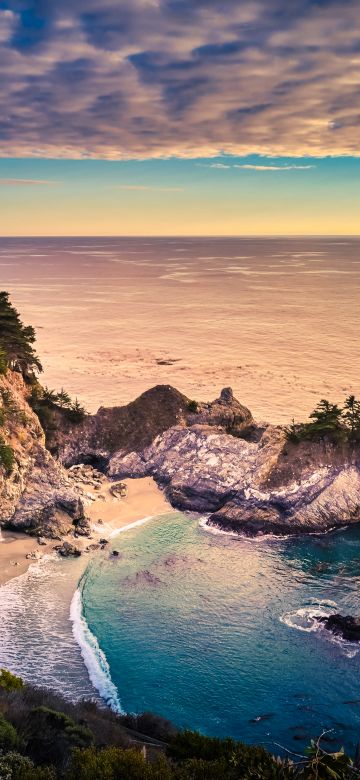 Big Sur, Rocks, California, USA, Scenery, Seascape, Beach, Serene, Evening, Ocean, Horizon, Trees, Scenic, 5K