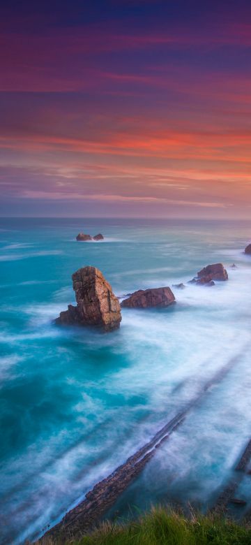 Playa De Portio, Spain, Arnía Beach, Rocky coast, Waves, Long exposure, Coastline, Cliff, Horizon, Landscape, Scenery, 5K