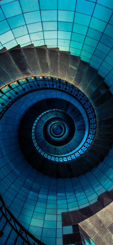 Spiral staircase, Île Vierge, France, Lighthouse, Steps, Look up, Pattern, Blue