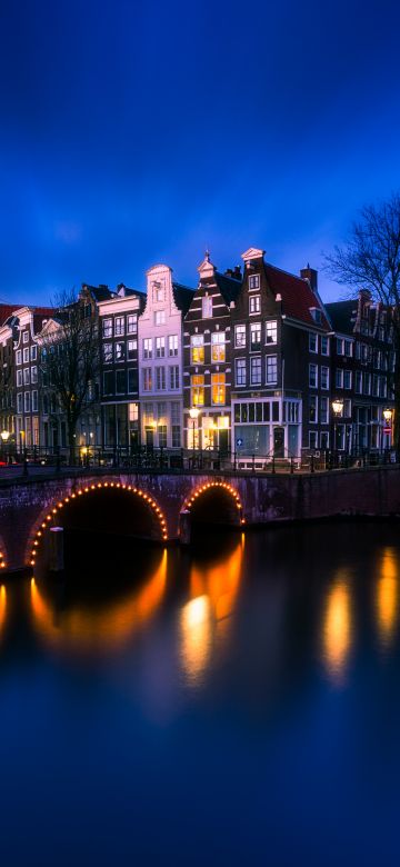 Amsterdam, Netherlands, Cityscape, Night time, City of Water, Reflection, Blue Sky, 5K