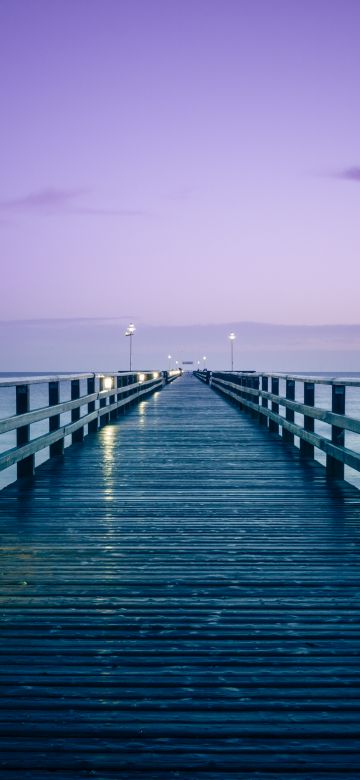 Prerow Pier, Germany, Seascape, Dusk, Purple sky, Body of Water, Baltic Sea, Sunrise, Horizon, 5K