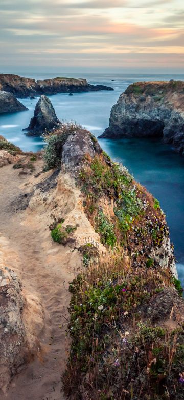 Mendocino, Sunrise, Seascape, Coastal, Cliff, Trails, Horizon, Long exposure, Landscape, Scenery, 5K