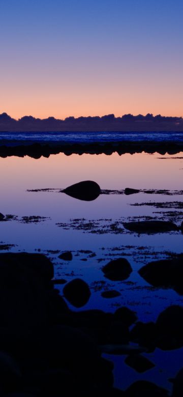 North Sea, Sunset, Dusk, Body of Water, Rocks, Reflection, Seascape, Clouds, 5K