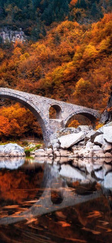 Devil's Bridge, Autumn, Bridge, Lake, Reflection, Rocks, Calm, Aesthetic, Scenery, Landscape, Arch bridge, River Stream, Bulgaria, Eastern Europe, 5K