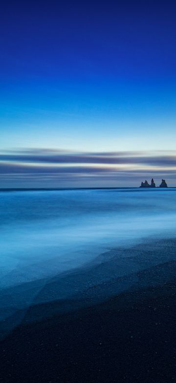 Reynisdrangar, Iceland, Beach, Sunset, Dusk, Long exposure, Horizon, Cliff, Blue Sky, Landscape, 5K, 8K