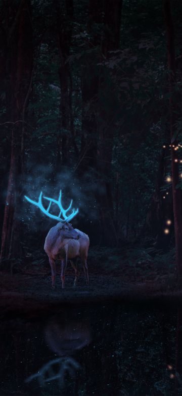 Stag, Deer, Forest Trees, Surreal, Dark background, Digital Art, 5K, Dark aesthetic