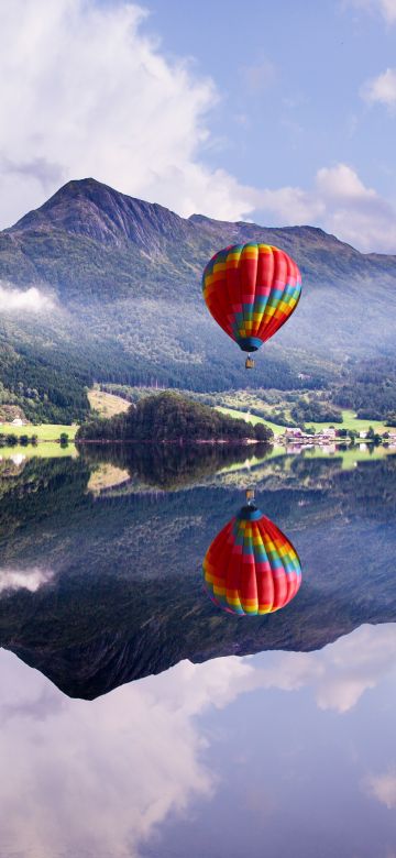 Hot air balloon, Mountain View, Lakeside, Reflection, Body of Water, Landscape, Scenery, 5K