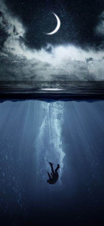 Underwater, Crescent Moon, Ocean Waves, Horizon, Illustration, Photo Manipulation, Deep, Cloudy Sky, Drowning