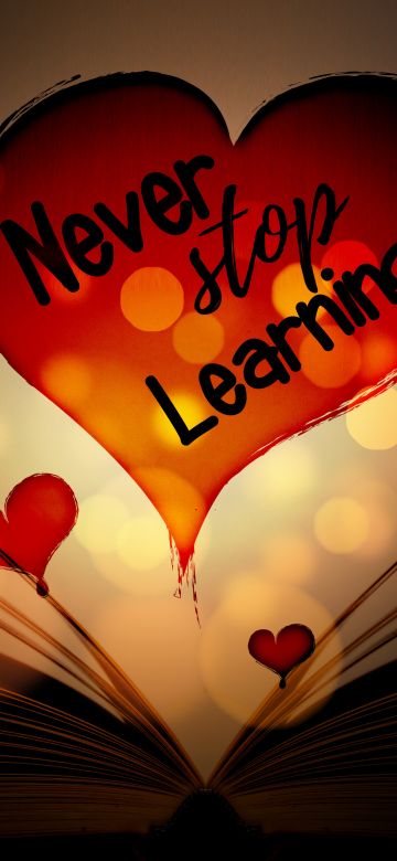 Never Stop Learning, Red hearts, Book, Love heart, Bokeh, 5K