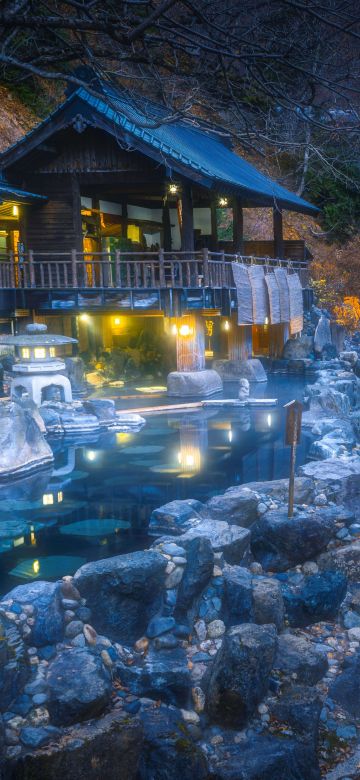 Hot Spring, Autumn, Dusk, Illuminated, Traditional, Outdoor, Takaragawa Onsen, Japan, 5K, 8K