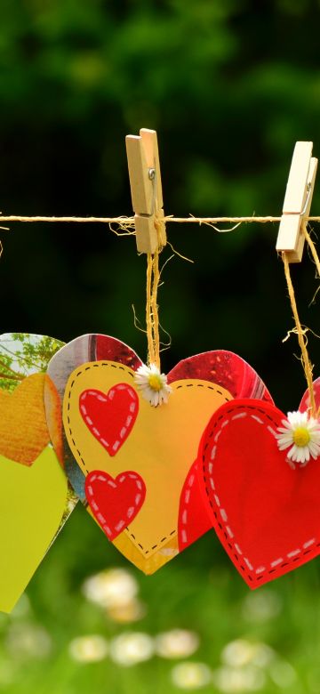 Hanging Hearts, Clothespin, Love Symbols, Red heart, Blur background, 5K