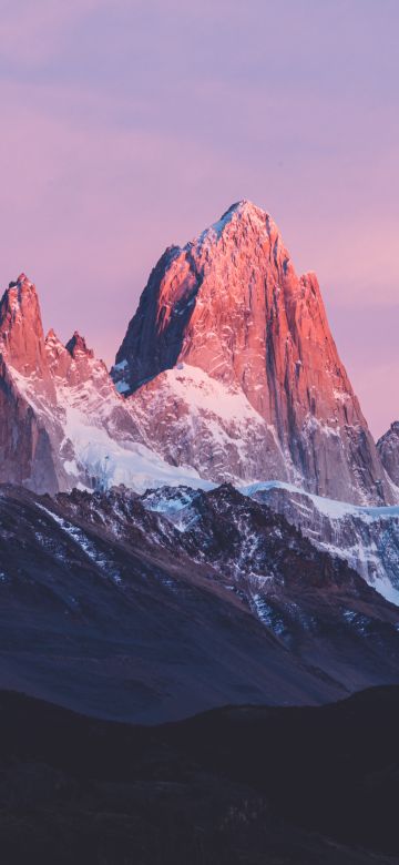 Mount Fitz Roy, Argentina, Sunrise, Alpenglow, Pink sky, Snow covered, Landscape, Mountain Peak, 5K