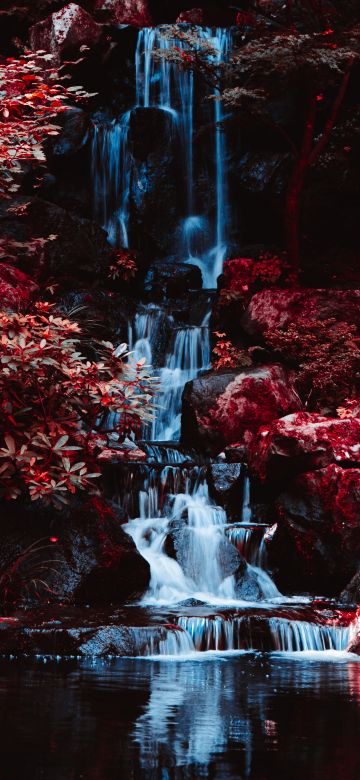 Portland Japanese Gardens, Infrared Photography, Waterfalls, Peaceful, Landscape, Scenery, 5K, 8K, Dark red