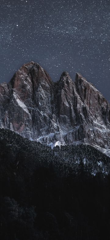 Geissler Group, Odle Group, Mountain range, Starry sky, Glacier mountains, Mountain Peaks, Dolomites, Italy, Landscape, Night time, 5K