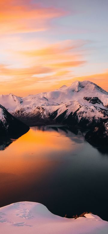 Panorama Ridge, Garibaldi Lake, Canada, Sunset, Mountain range, Snow covered, Reflection, 5K