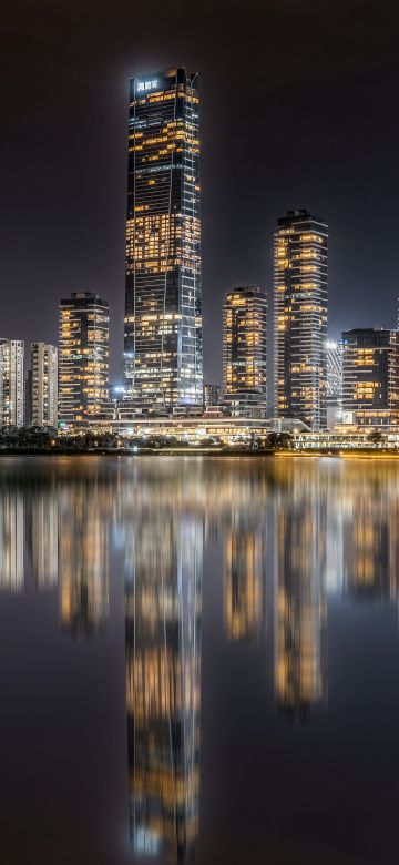 Shenzhen Bay, Hong Kong, City Skyline, Skyscrapers, Night time, Cityscape, City lights, Body of Water, Reflection, 5K