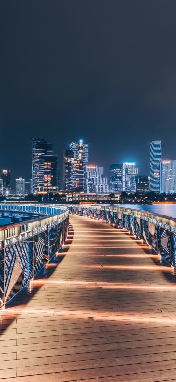 Shenzhen, Wooden pier, Shenzhen Bay, Cityscape, Skyline, Waterfront, Port, City lights, 5K