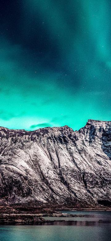 Nordic mountain range, Aurora Borealis, Starry sky, Glacier mountains, Snow covered, Landscape, Scenery, 5K