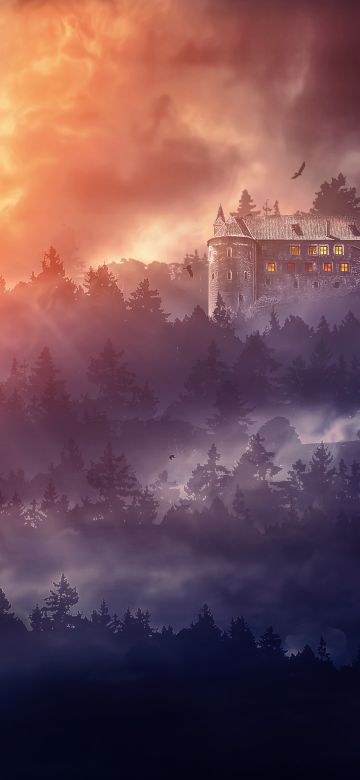 Castle, Burning Sky, Sunset, Forest, Surreal, Flying birds, Foggy, Fairy tale, Landscape, Photo Manipulation