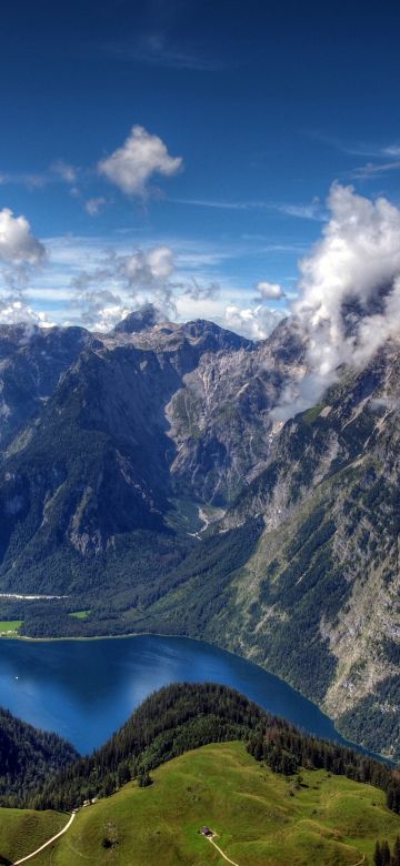 Königssee Lake, Germany, Bavarian Alps, White Clouds, Mountain range, Top View, Summer mountains, Landscape, Scenery